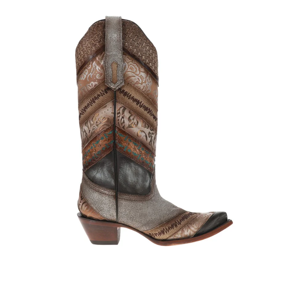 Sky Blue Application Jute Embroidered Studded Pull On Snip Toe Cowboy Boots