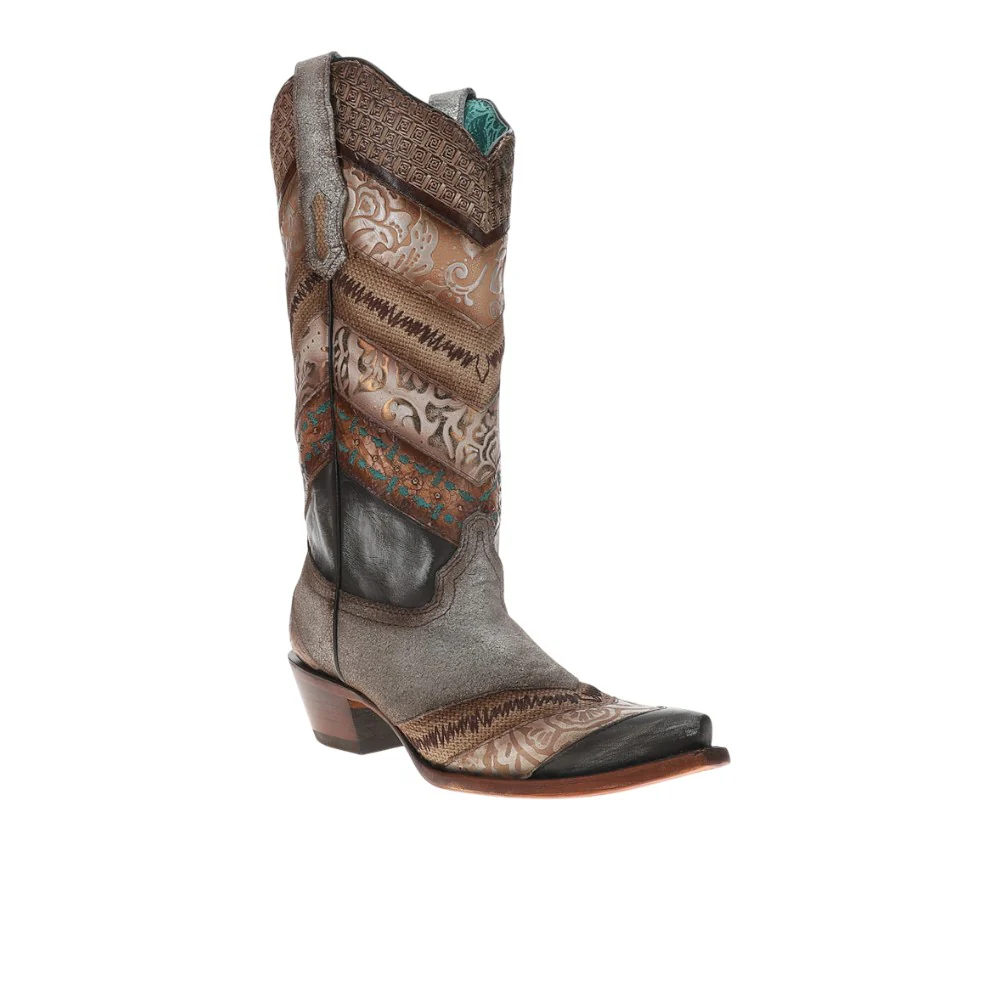 Sky Blue Application Jute Embroidered Studded Pull On Snip Toe Cowboy Boots - Image 2
