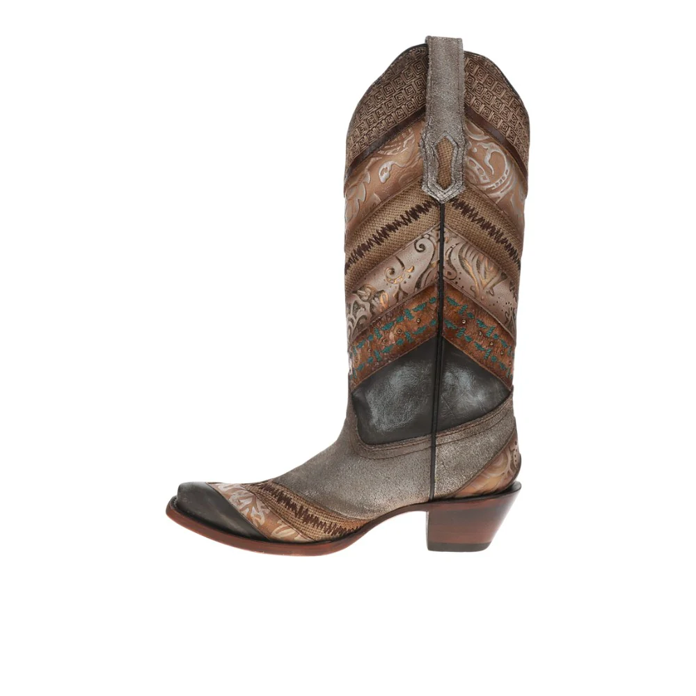Sky Blue Application Jute Embroidered Studded Pull On Snip Toe Cowboy Boots - Image 3