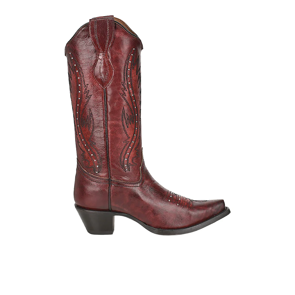 Wine Embroidered Studded Pull On Snip Toe Cowboy Boots