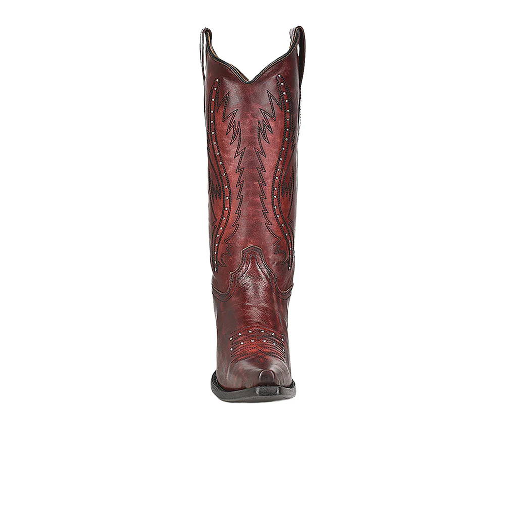 Wine Embroidered Studded Pull On Snip Toe Cowboy Boots - Image 3