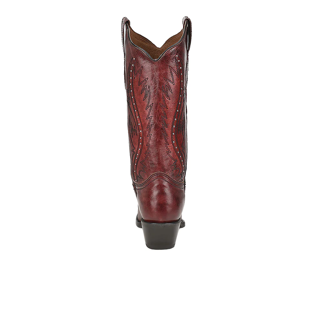 Wine Embroidered Studded Pull On Snip Toe Cowboy Boots - Image 4