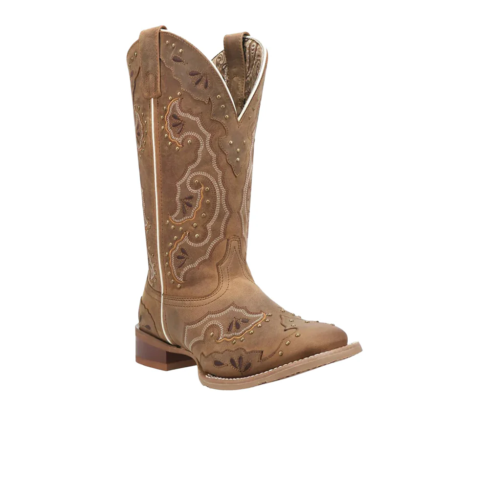Lottie Studded Overlay Square Toe Pull On Cowboy Boots - Image 2