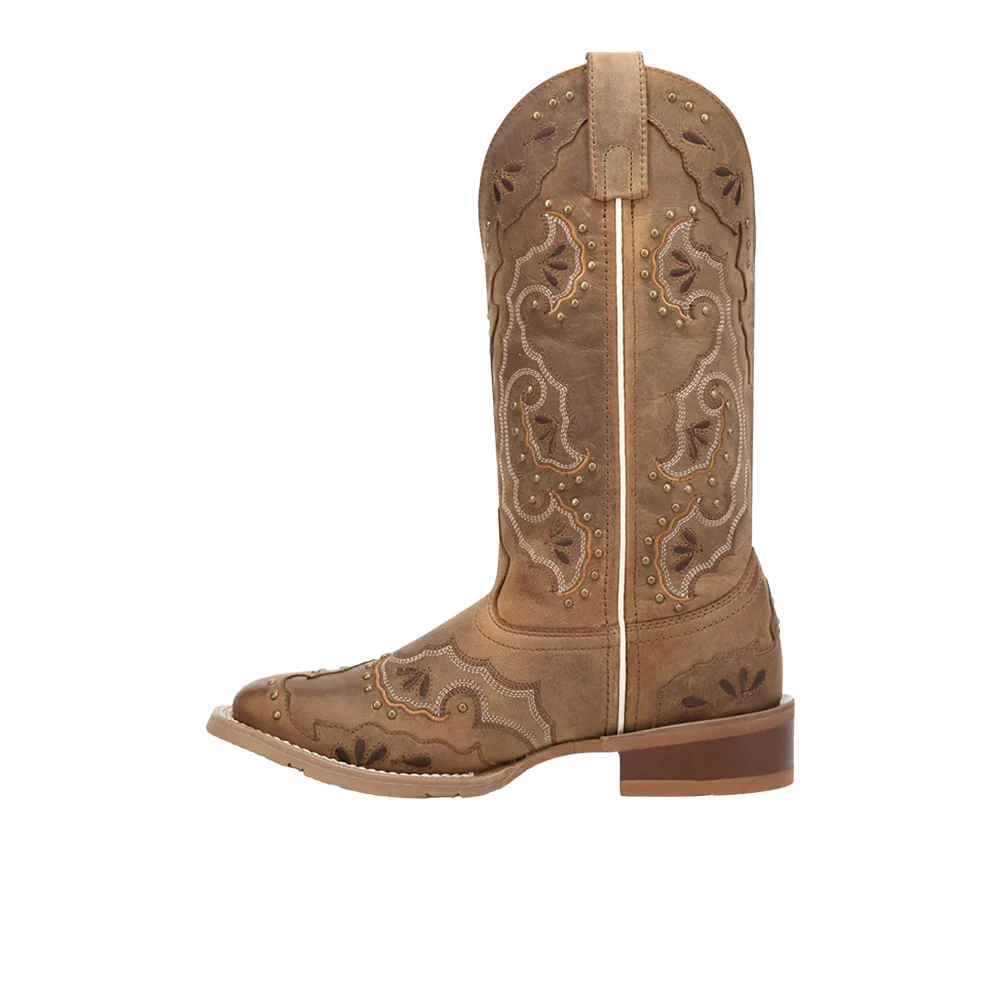 Lottie Studded Overlay Square Toe Pull On Cowboy Boots - Image 3