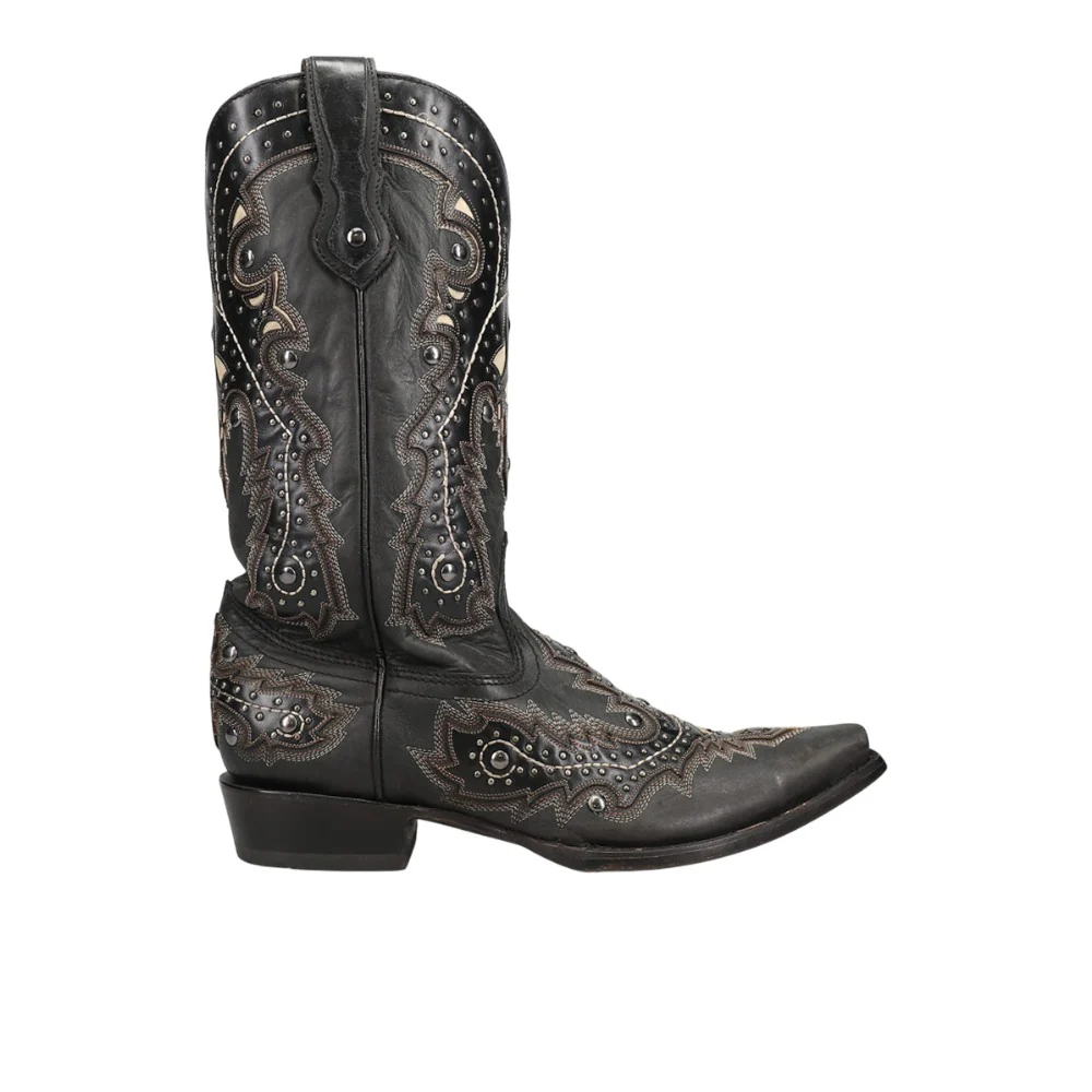 Black Overlay Embroidered Studded Snip Toe Pull On Cowboy Boots