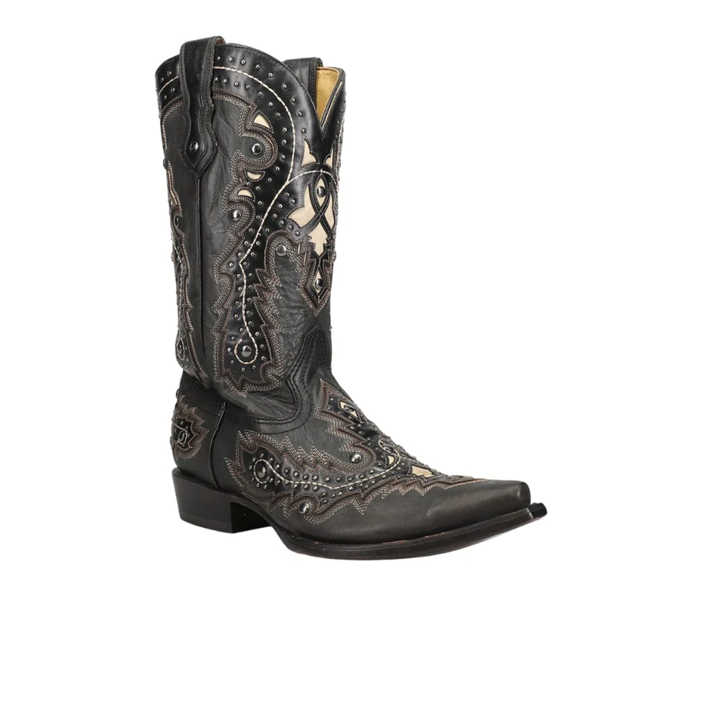 Black Overlay Embroidered Studded Snip Toe Pull On Cowboy Boots - Image 2