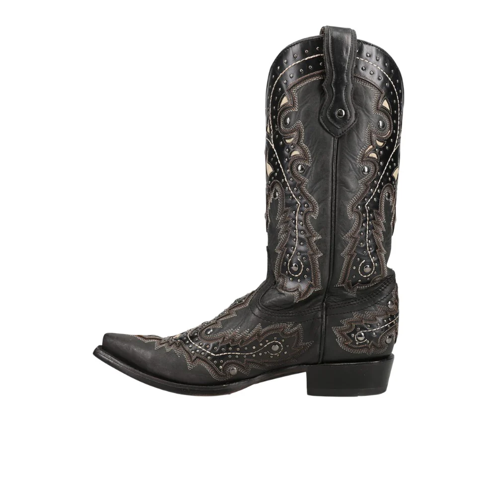 Black Overlay Embroidered Studded Snip Toe Pull On Cowboy Boots - Image 3