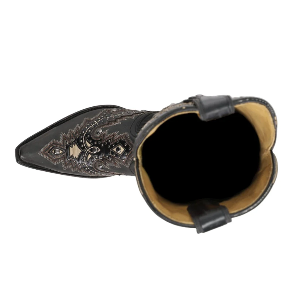 Black Overlay Embroidered Studded Snip Toe Pull On Cowboy Boots - Image 4