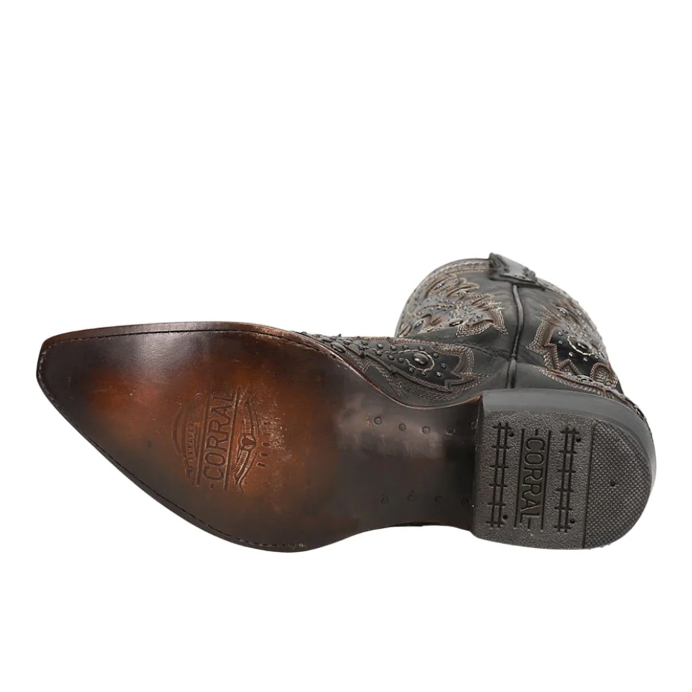Black Overlay Embroidered Studded Snip Toe Pull On Cowboy Boots - Image 5
