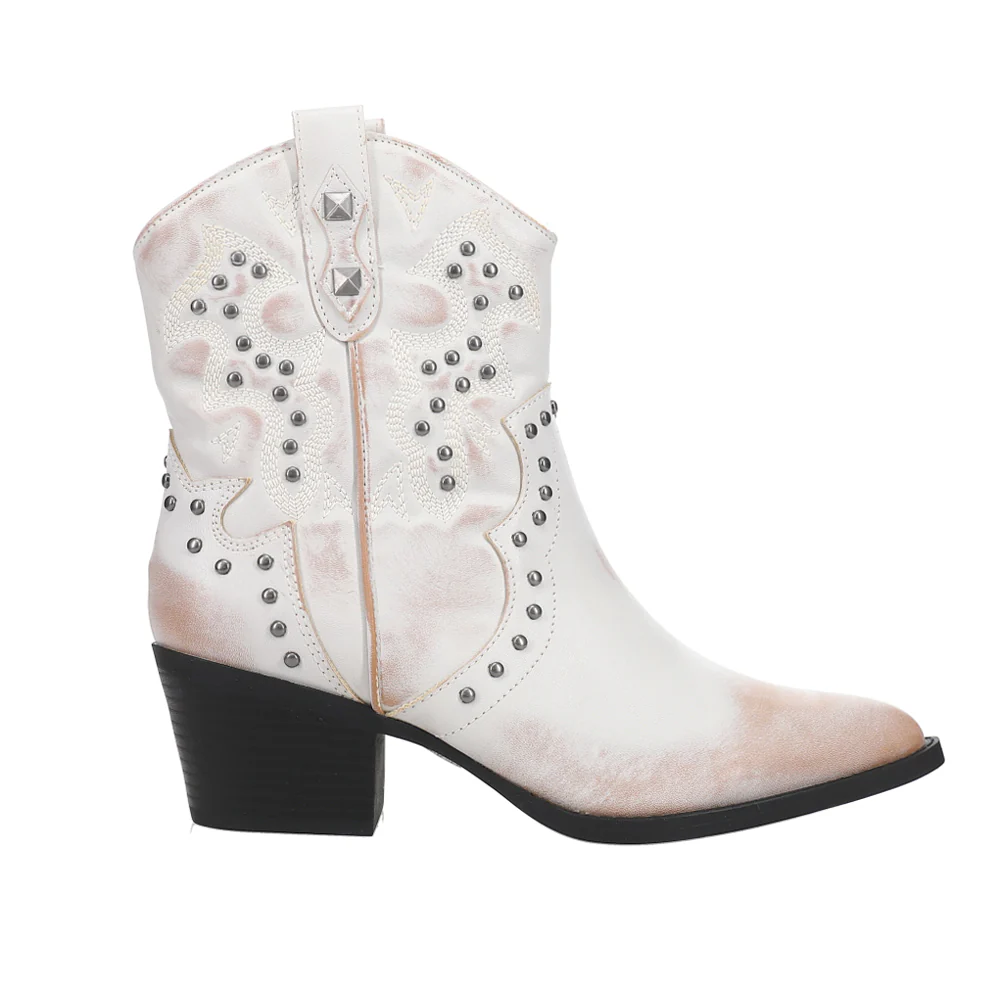 Nowhere Burnished Studded Pointed Toe Pull On Cowboy Booties