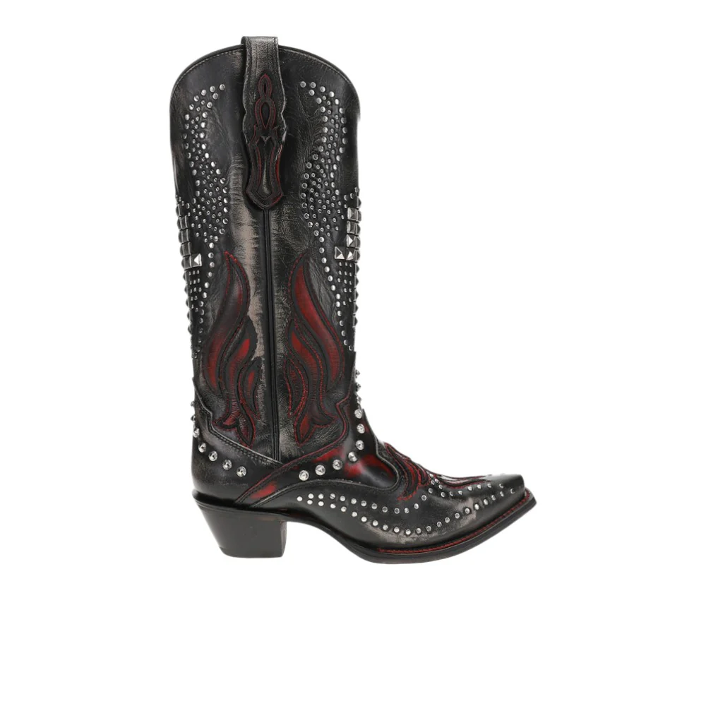 Overlay Embroidered Studded Snip Toe Pull On Cowboy Boots