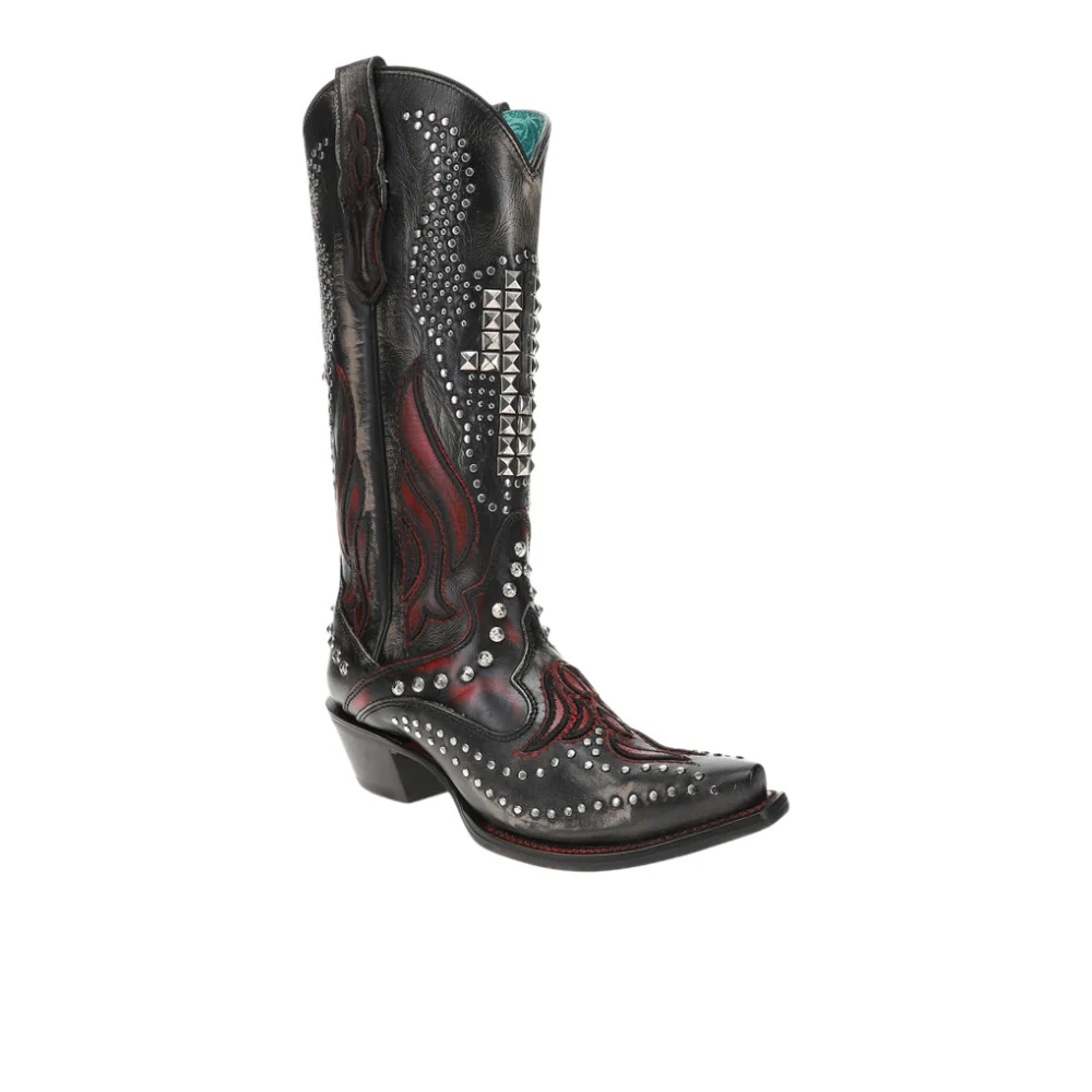 Overlay Embroidered Studded Snip Toe Pull On Cowboy Boots - Image 2