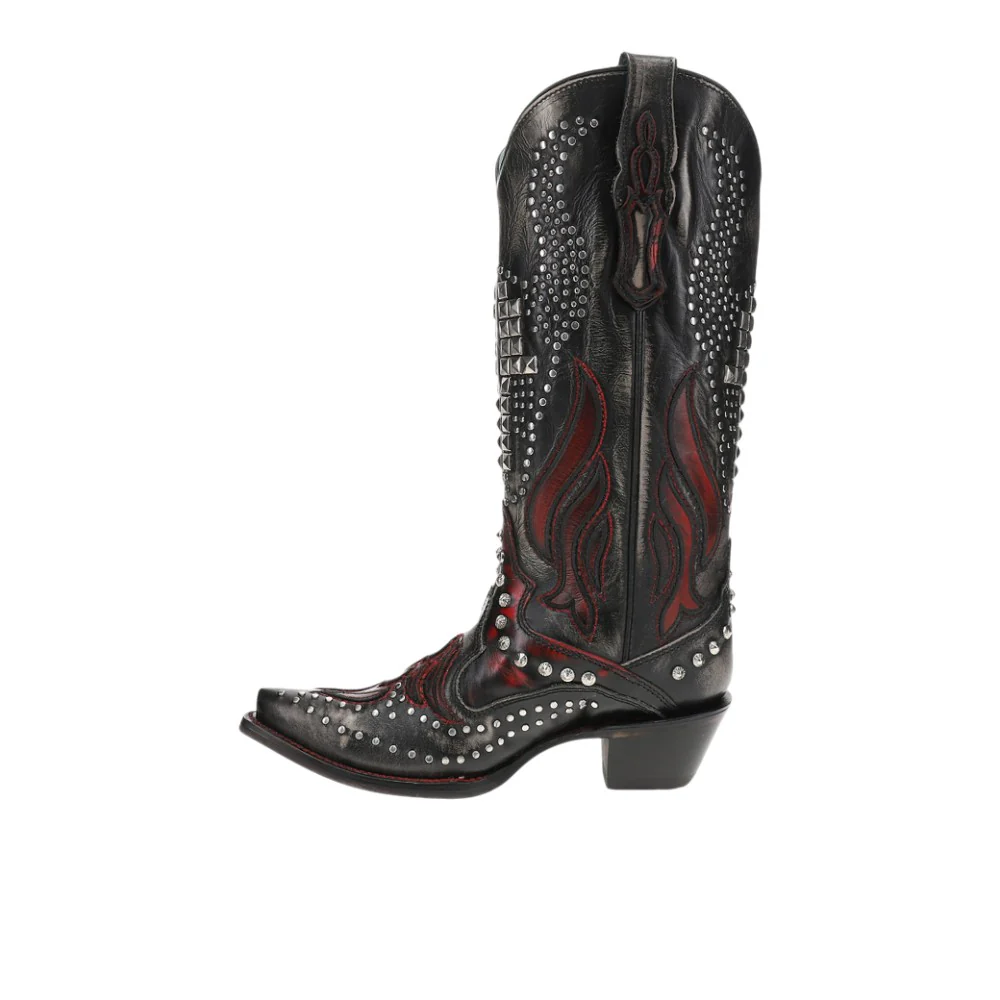 Overlay Embroidered Studded Snip Toe Pull On Cowboy Boots - Image 3