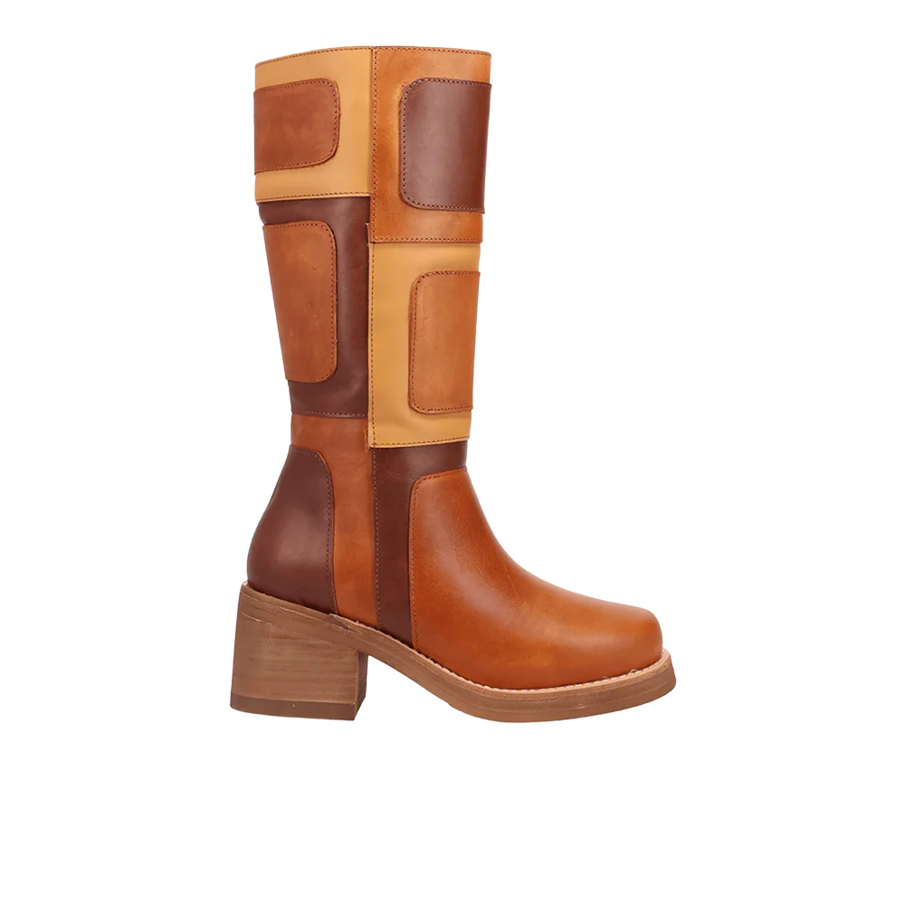 Patches Leather Round Toe Cowboy Boots