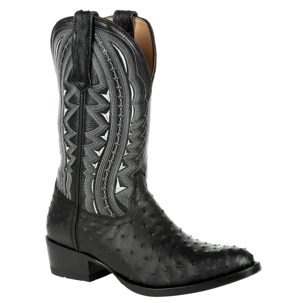 Premium Exotic Full Quill Ostrich Embroidered Round Toe Pull On Cowboy Boots - Image 2