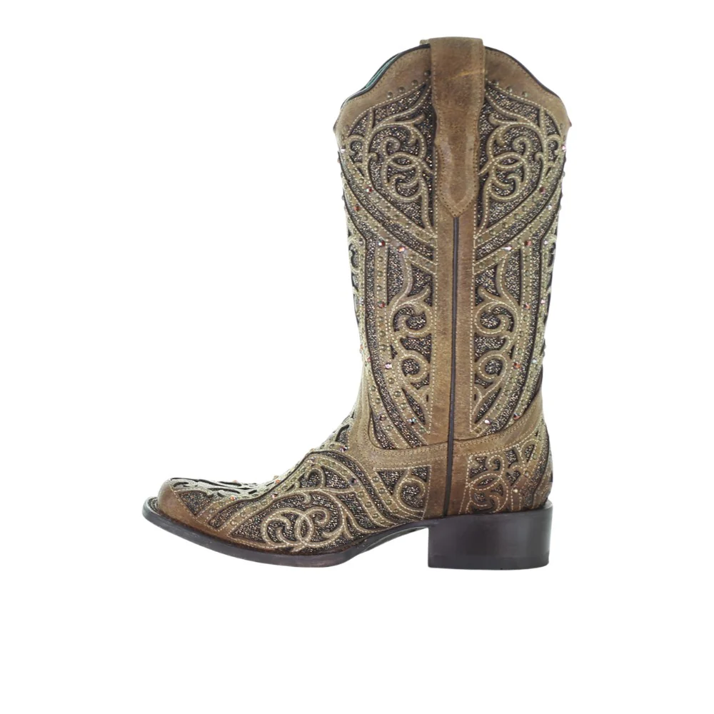 Glitter Tooled-Inlay Square Toe Pull On Cowboy Boots - Image 4