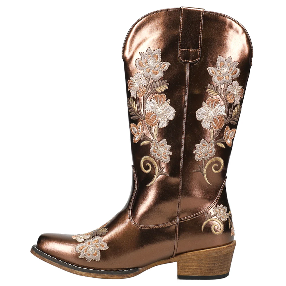 Riley Metallic Floral Embroidered Snip Toe Cowboy Boots - Image 3