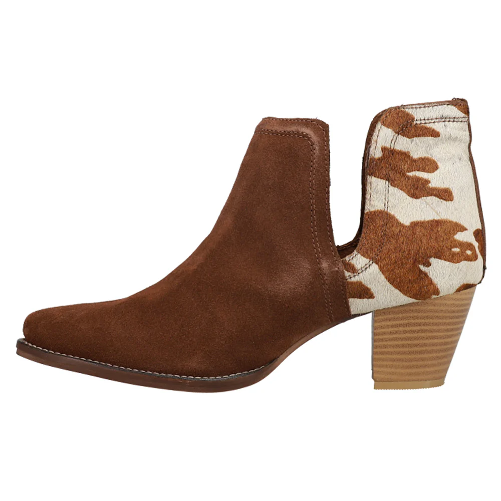 Rowdy Cow Print Pointed Toe Cowboy Booties - Image 3