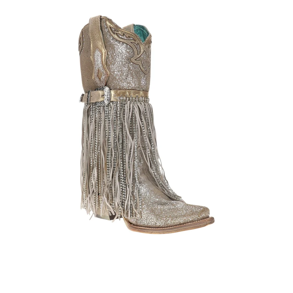 Silver-Gold Finish With Crystal Fringe Harness And Studs Snip Toe Pull On Cowboy Boots - Image 2