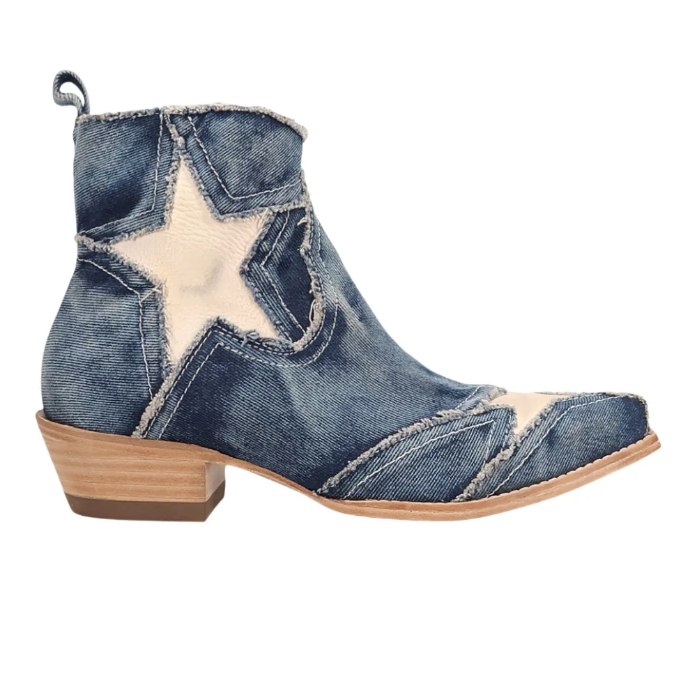 Stardust Denim Overlay Snip Toe Pull On Cowboy Boots