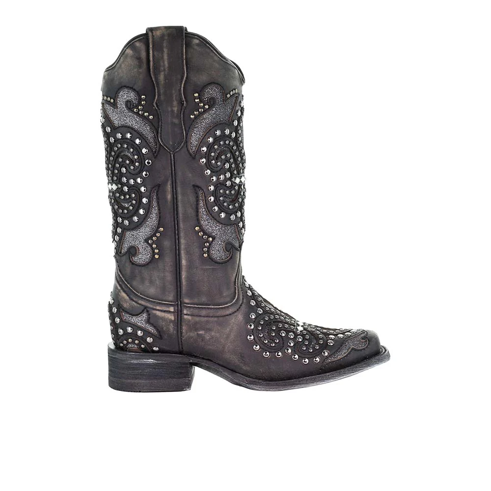 Glitter Studded Tooled-Inlay Square Toe Cowboy Boots