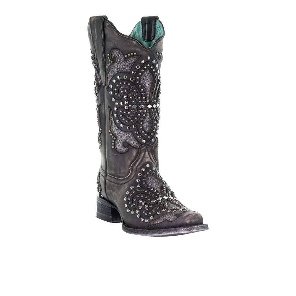 Glitter Studded Tooled-Inlay Square Toe Cowboy Boots - Image 2