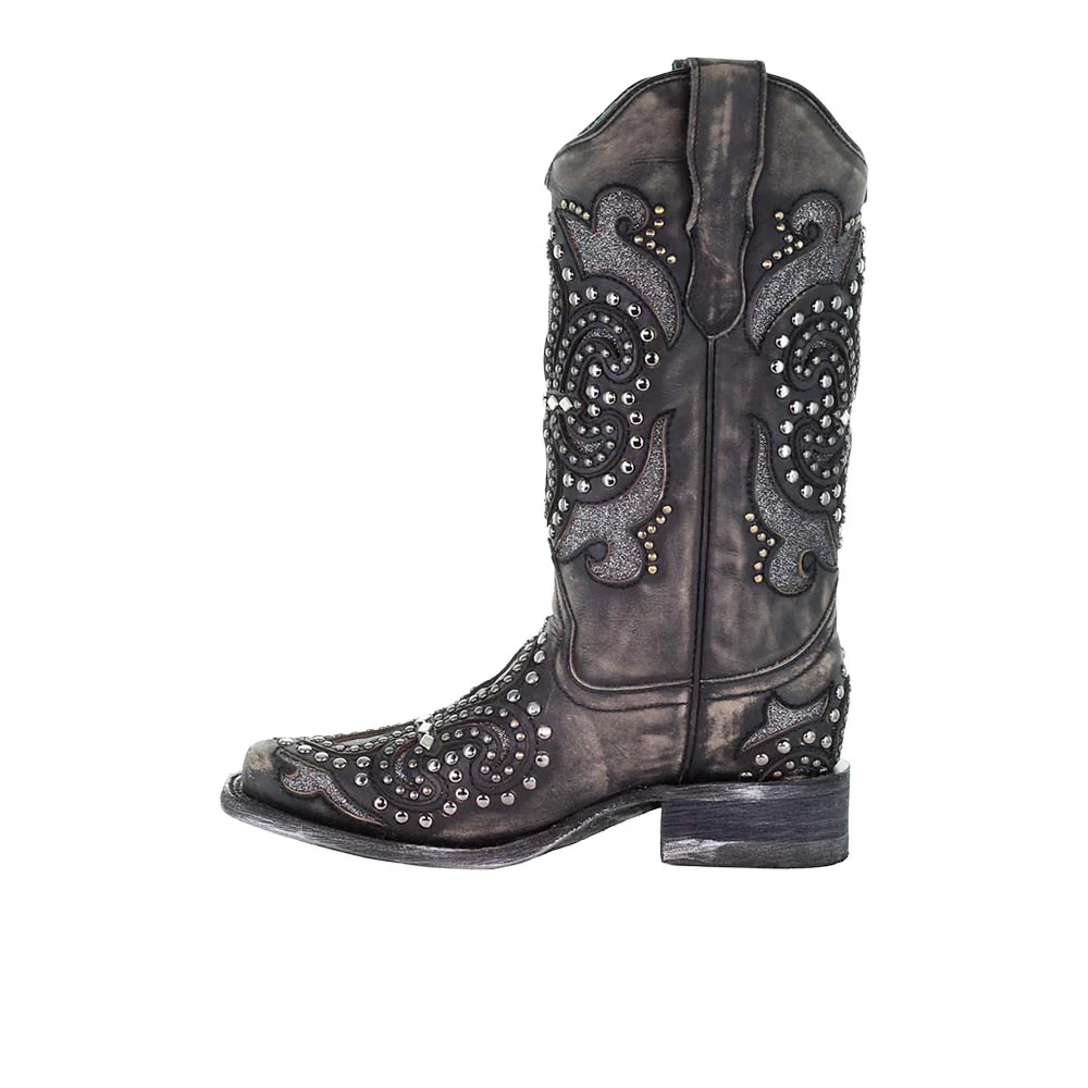 Glitter Studded Tooled-Inlay Square Toe Cowboy Boots - Image 4