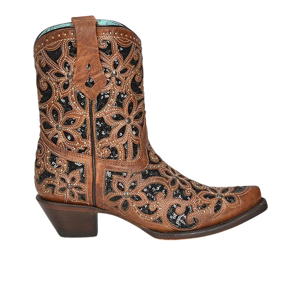 Tan Glitter Inlay Studded Snip Toe Pull On Cowboy Boots