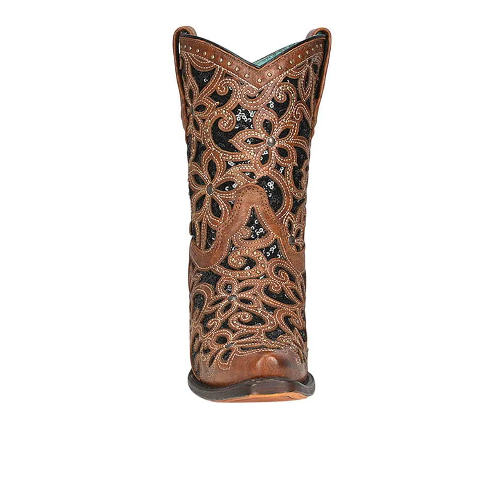 Tan Glitter Inlay Studded Snip Toe Pull On Cowboy Boots - Image 3