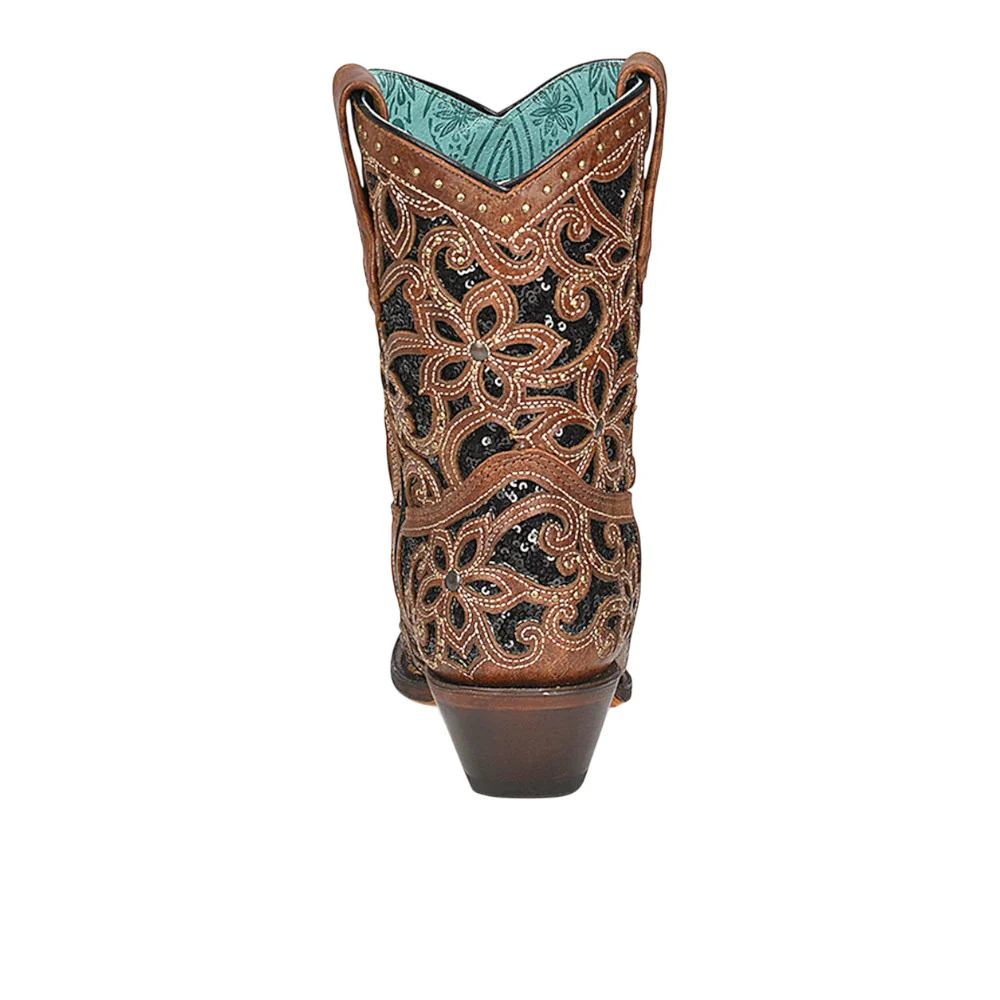 Tan Glitter Inlay Studded Snip Toe Pull On Cowboy Boots - Image 4