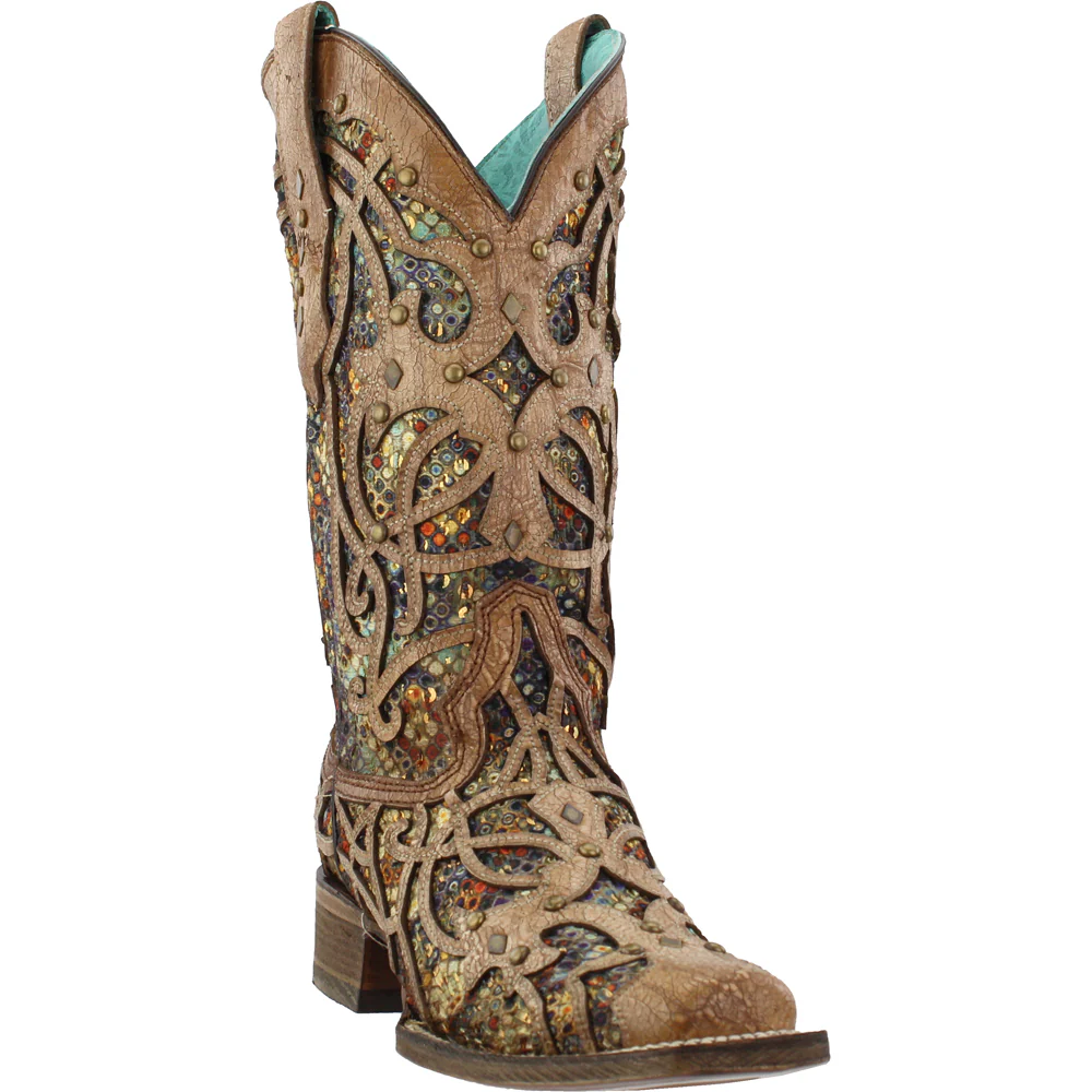 Tooled Inlay Studded Sequins Square Toe Cowboy Boots - Image 2