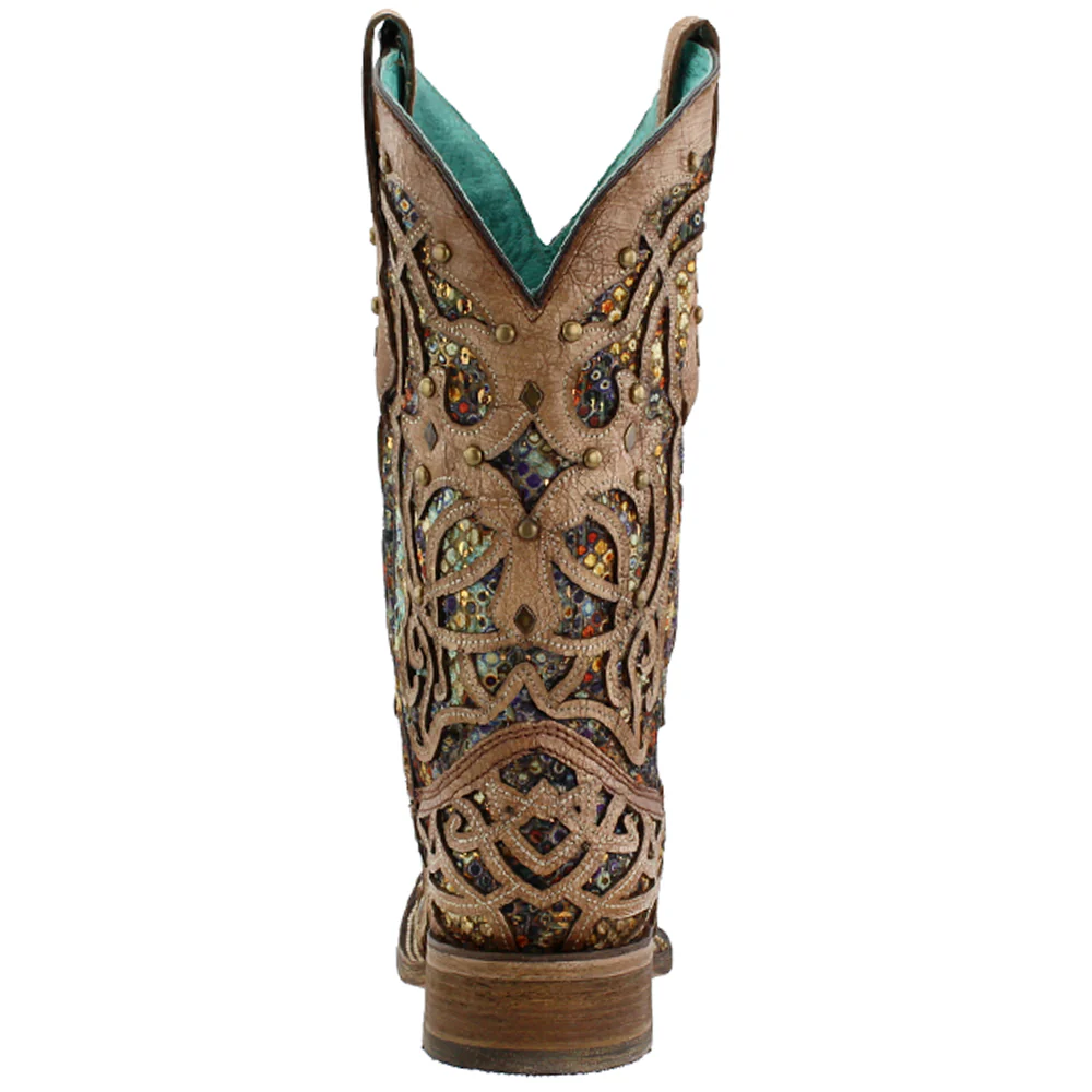 Tooled Inlay Studded Sequins Square Toe Cowboy Boots - Image 3