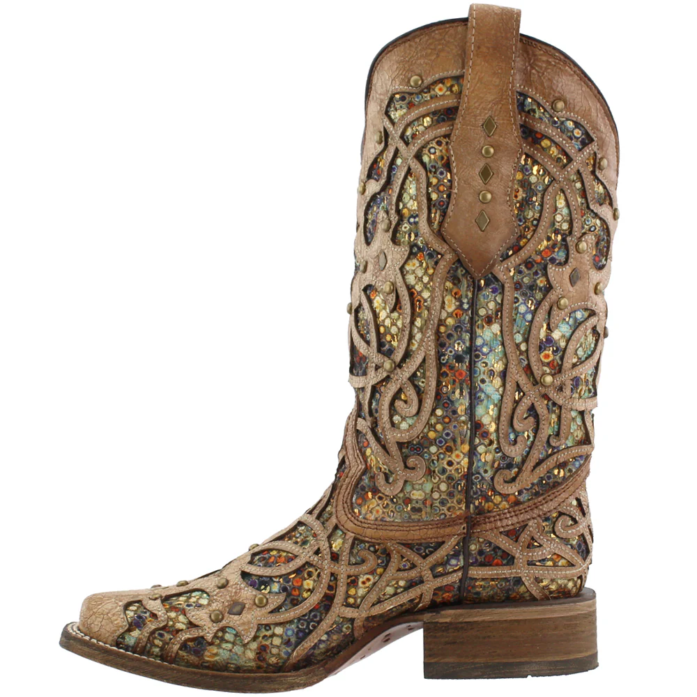 Tooled Inlay Studded Sequins Square Toe Cowboy Boots - Image 4