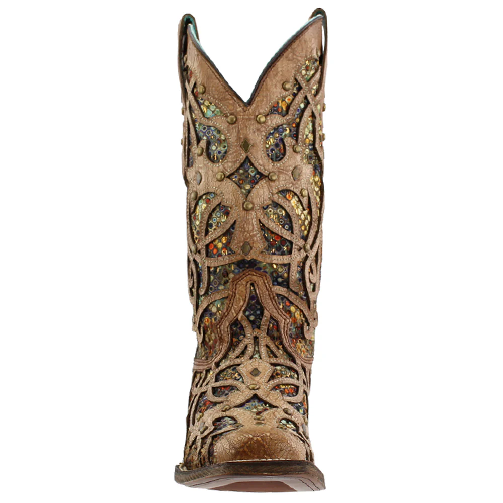 Tooled Inlay Studded Sequins Square Toe Cowboy Boots - Image 5