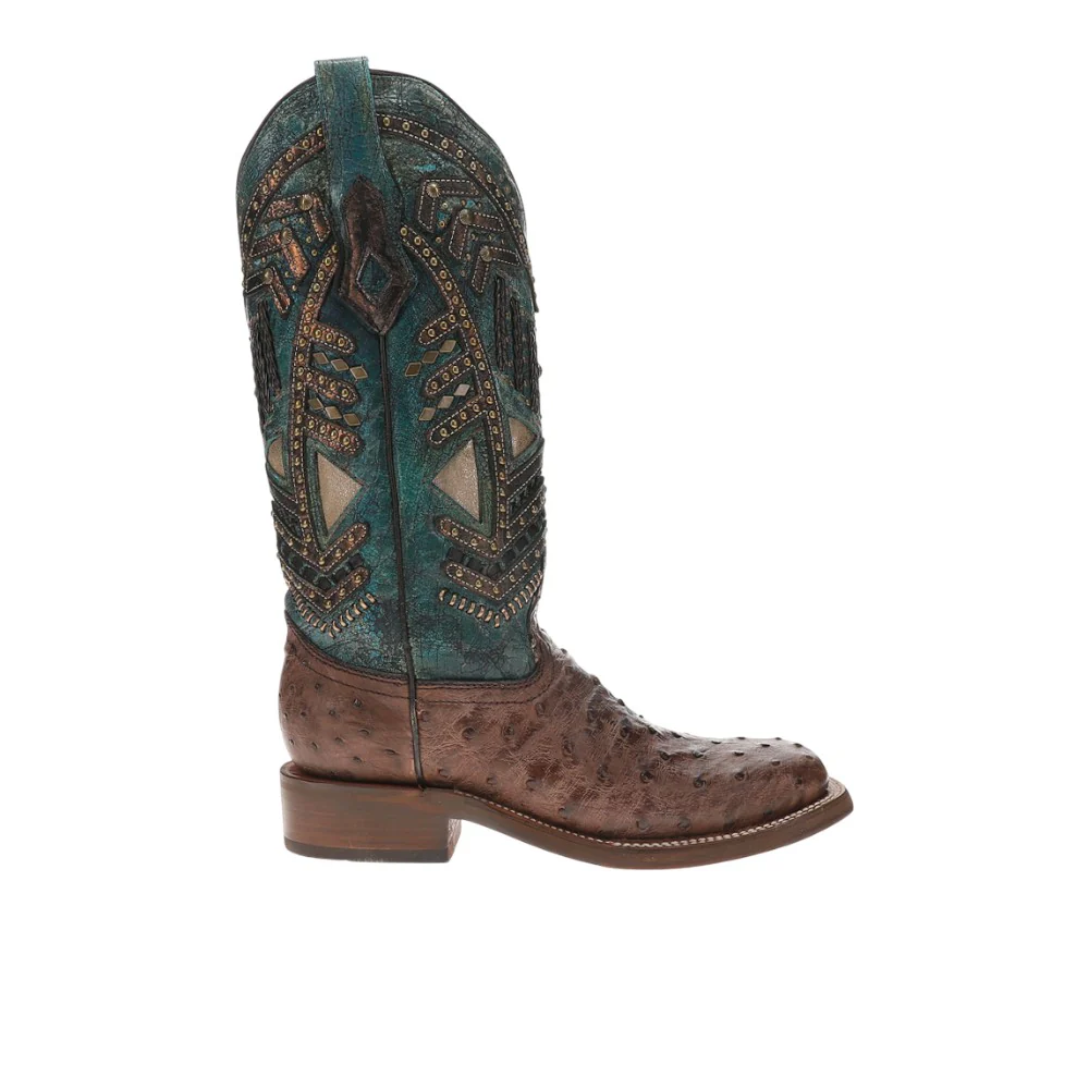 Turquoise Embroidered Studded With Woven Detail Brown Ostrich Rodeo Square Toe Pull On Cowboy Boots
