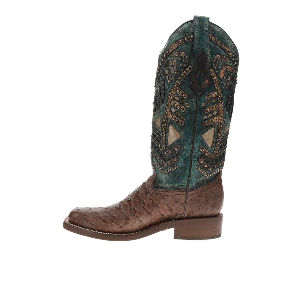 Turquoise Embroidered Studded With Woven Detail Brown Ostrich Rodeo Square Toe Pull On Cowboy Boots - Image 3