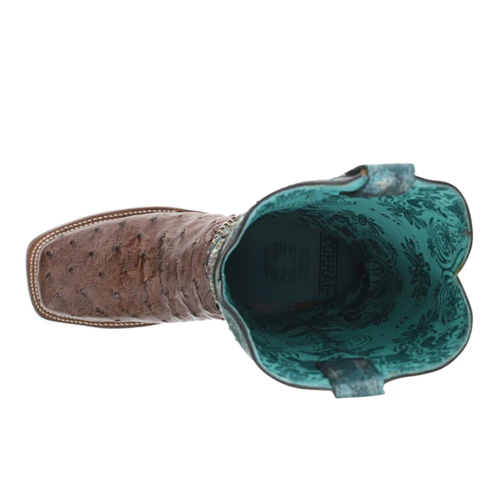 Turquoise Embroidered Studded With Woven Detail Brown Ostrich Rodeo Square Toe Pull On Cowboy Boots - Image 4
