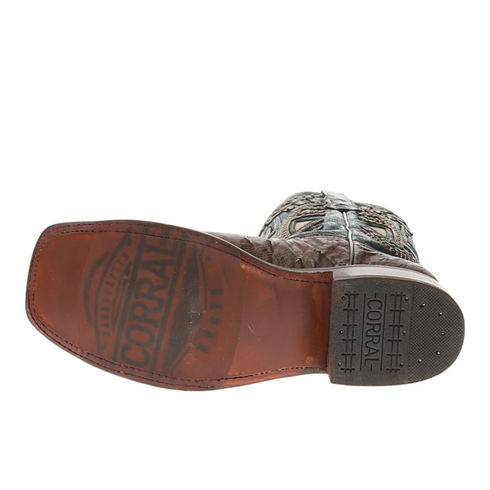 Turquoise Embroidered Studded With Woven Detail Brown Ostrich Rodeo Square Toe Pull On Cowboy Boots - Image 5